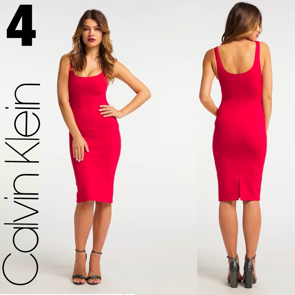 Calvin Klein Sleeveless Fitted Scoop Neck Red Dress  Lined w Gold Beads 4 SMALL
